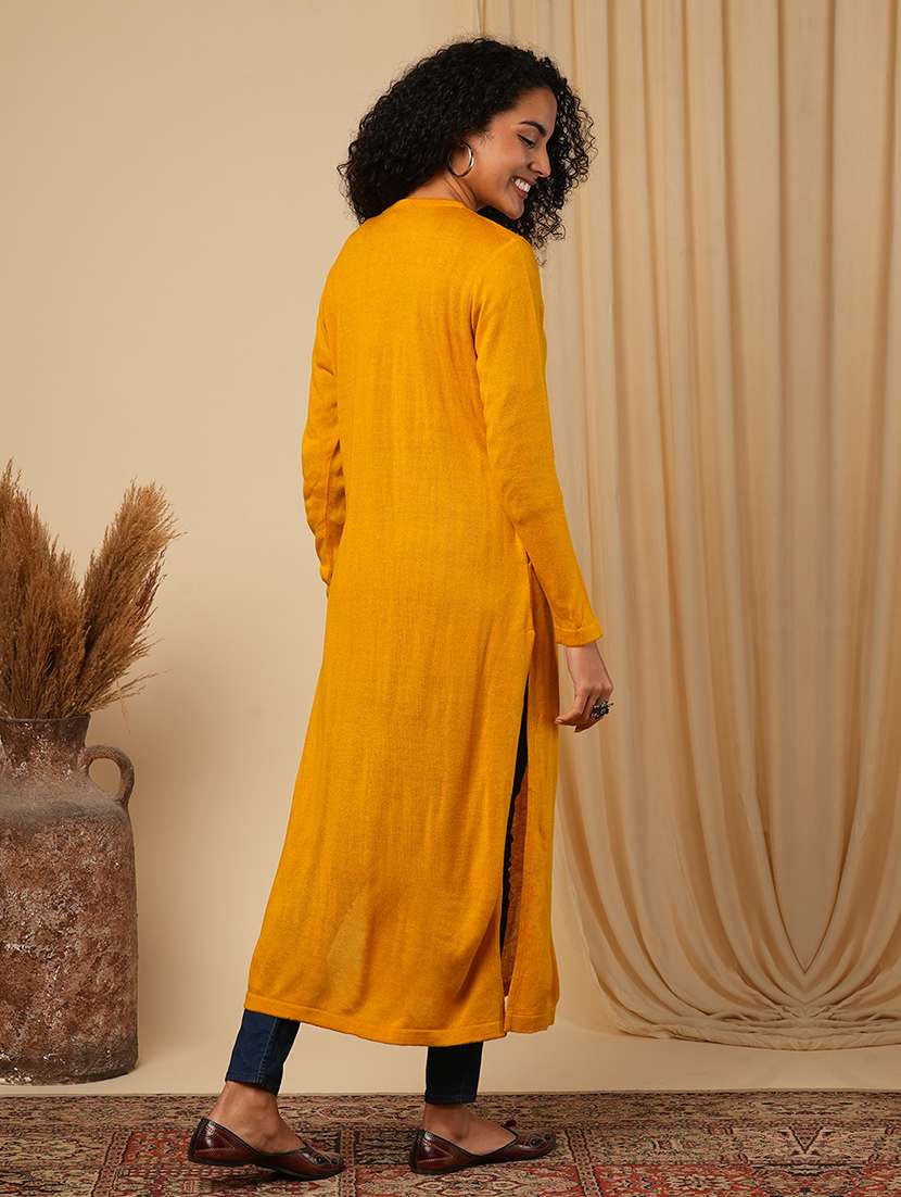 globus women mustard round neck full sleeves geometric print placement weave knitted loose fit calf length winter wear kurta - 21579864 - Standard Image - 2