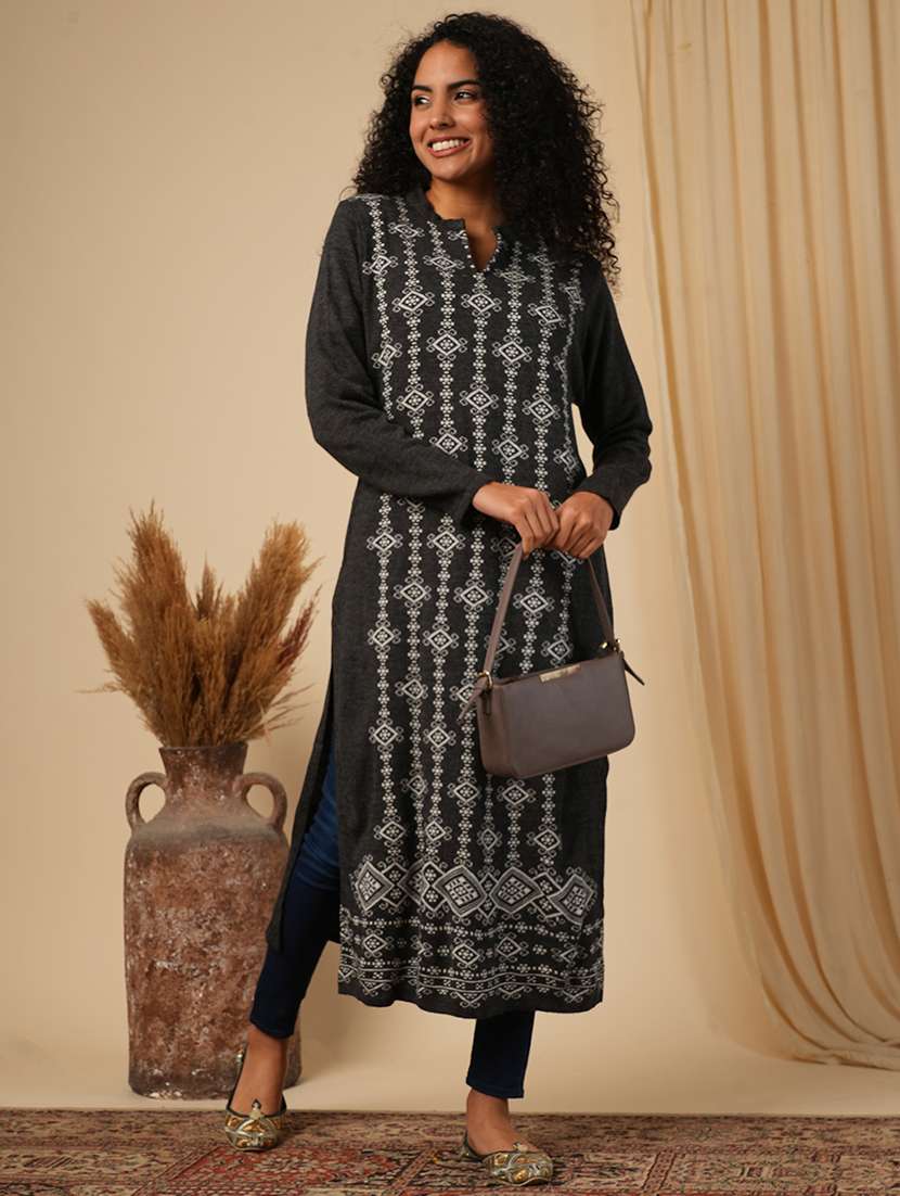 globus women black mandarin neck full sleeves placement weave knitted loose fit calf length winter wear kurta