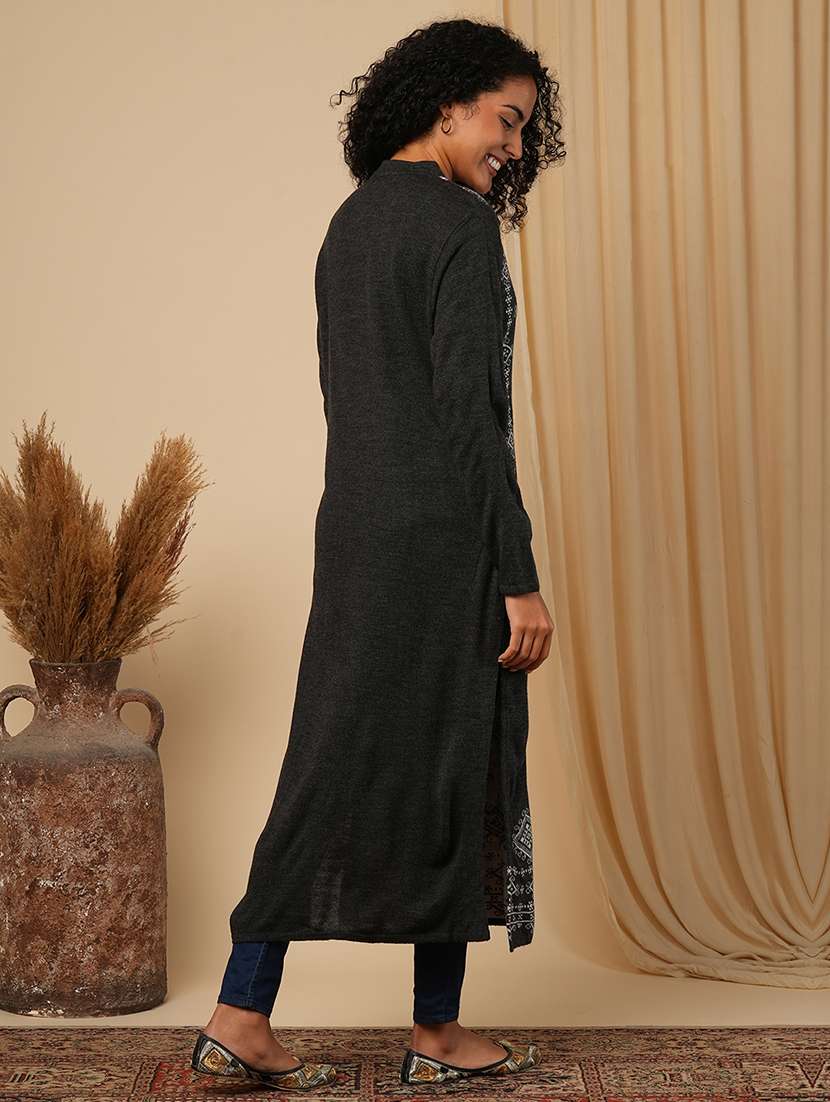 globus women black mandarin neck full sleeves placement weave knitted loose fit calf length winter wear kurta - 21579865 -  Standard Image - 2
