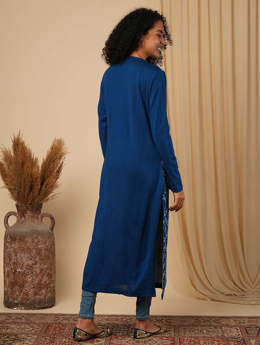 globus women blue round neck full sleeves placement weave knitted loose fit calf length winter wear kurta - 21579866 -  Standard Image - 2