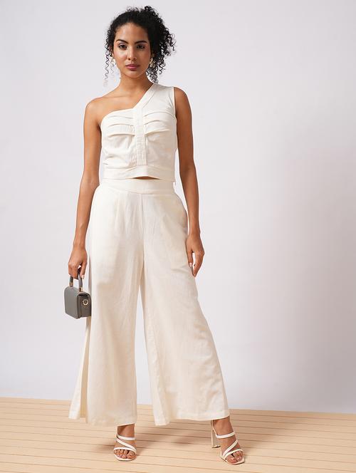 globus women white one shoulder pleated crop top with wide leg trousers resort wear co-ord set - 21579901 - Standard Image - 0