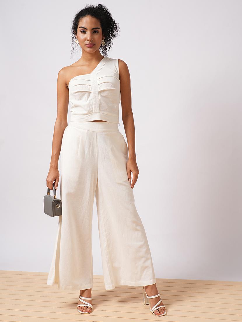 globus women white one shoulder pleated crop top with wide leg trousers resort wear co-ord set - 21579901 - Zoom Image - 0