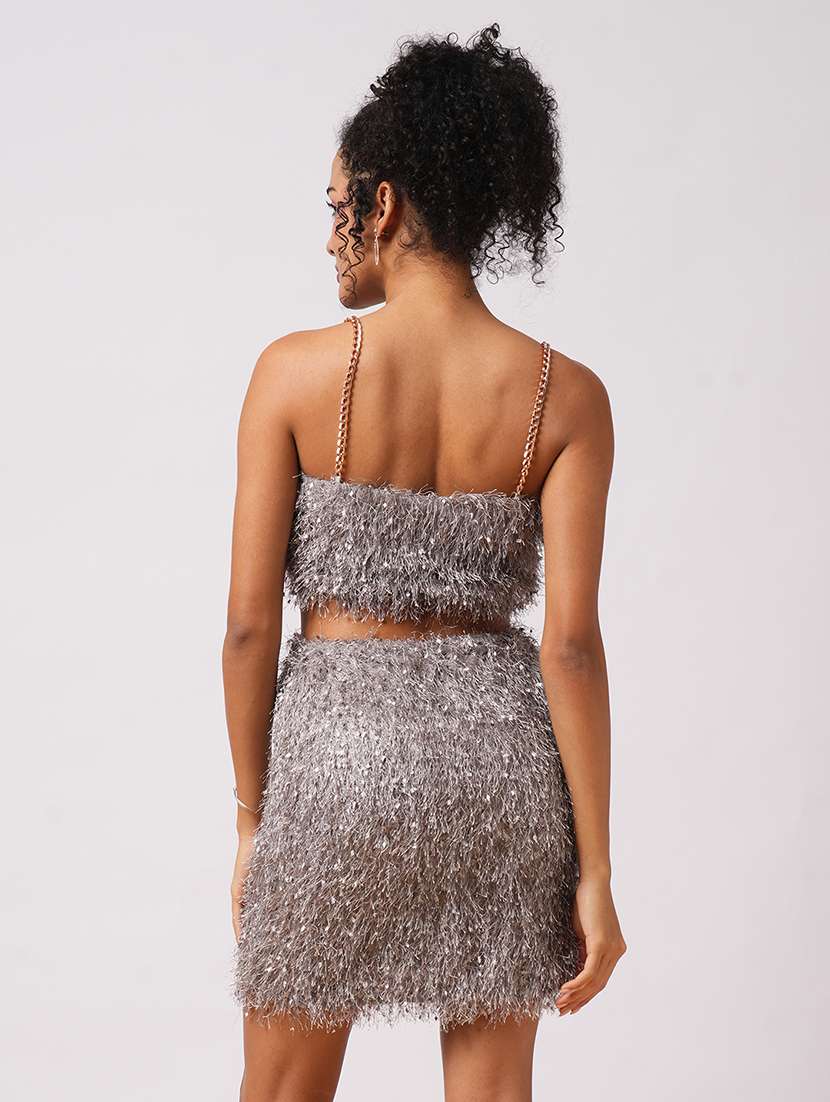 globus women grey sweetheart neck chain strap shoulder faux fur crop top with mini skirt party co-ord set - 21579907 -  Standard Image - 2