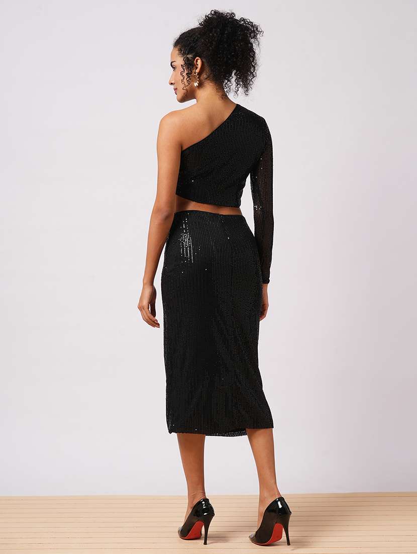 globus women black embellished one shoulder crop top with ruched side slit midi skirt party co-ord set - 21579909 -  Standard Image - 2