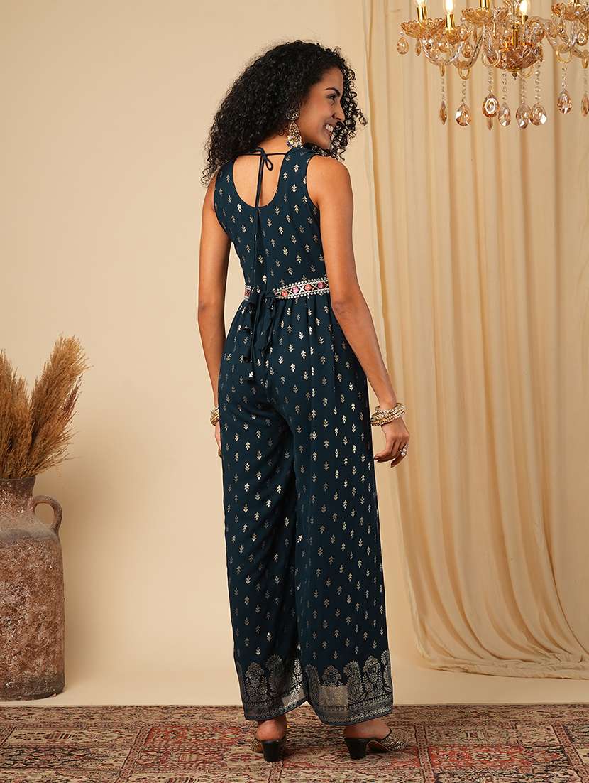globus women blue zari embroidered yoke allover ethnic motifs foil print pleated fusion jumpsuit with belt - 21579934 -  Standard Image - 2