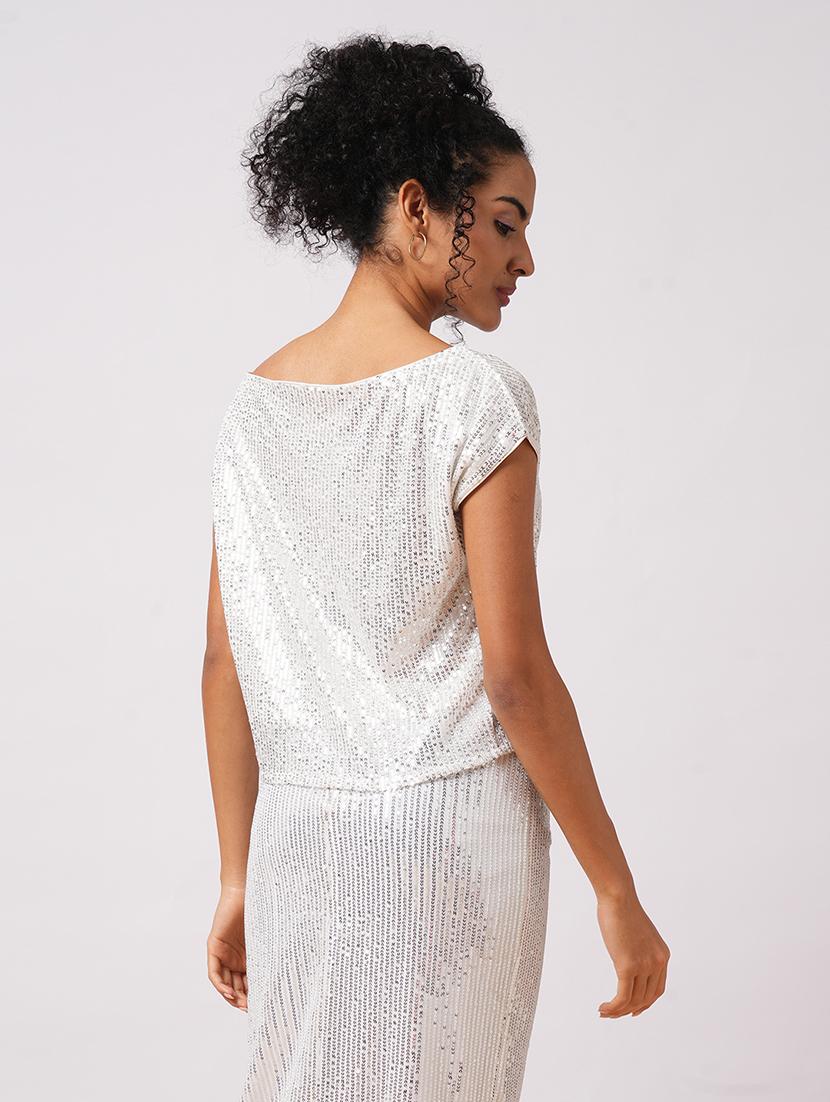 globus women silver one shoulder extended sleeves embellished party top - 21579936 - Standard Image - 2