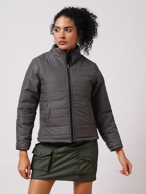 globus women black mock neck front zip closure reversible winter wear puffer jacket with detachable hoodie  - 21579938 -  Standard Image - 0