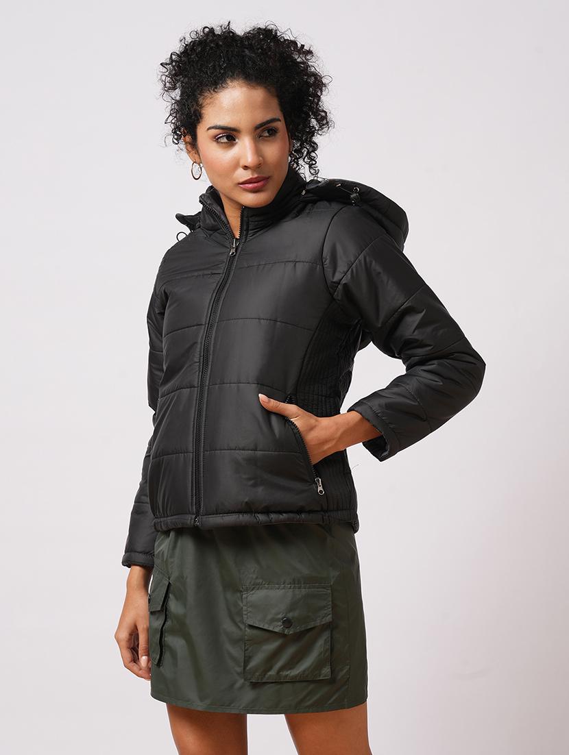 globus women black mock neck front zip closure reversible winter wear puffer jacket with detachable hoodie - 21579938 - Standard Image - 2