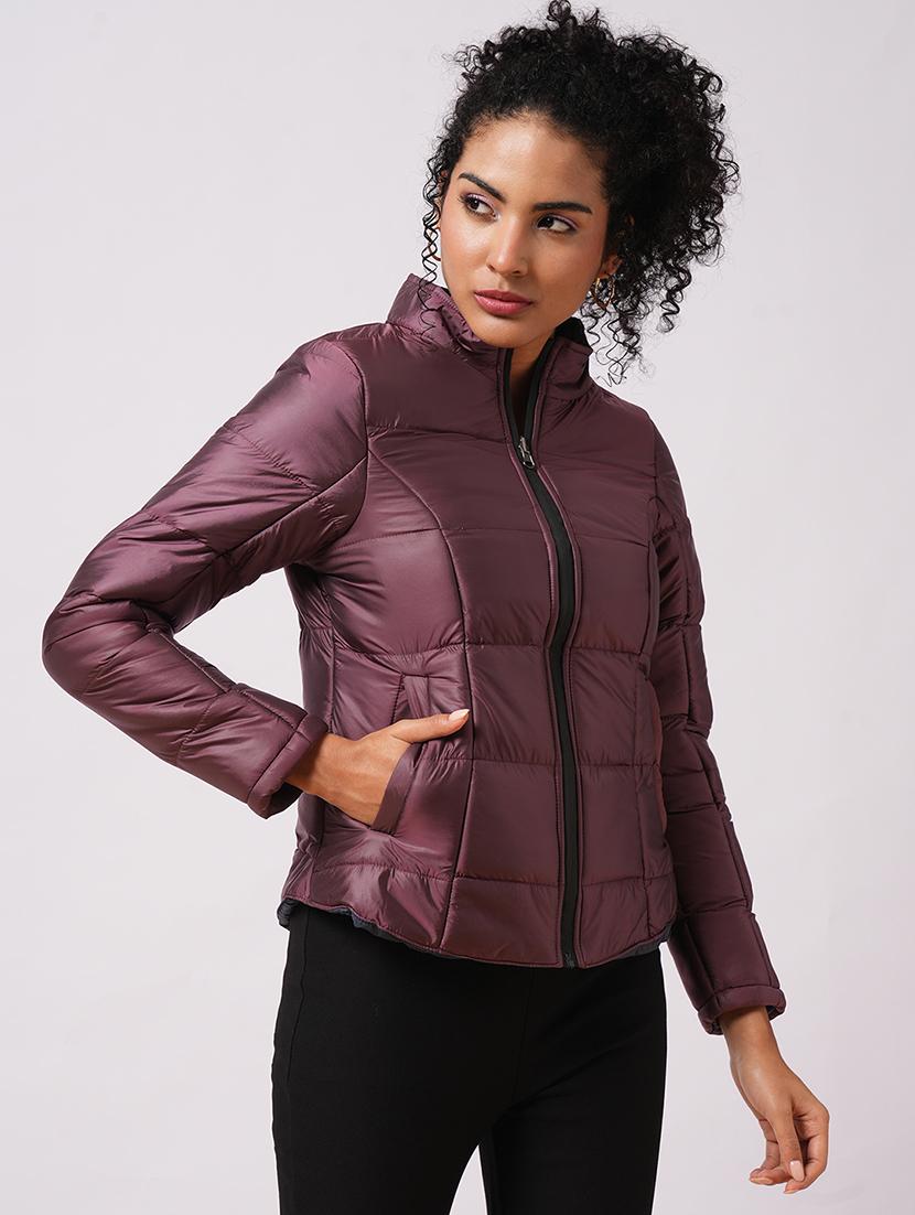 globus women burgundy mock neck long sleeves zip closure reversible winter wear puffer jacket - 21579940 - Standard Image - 2