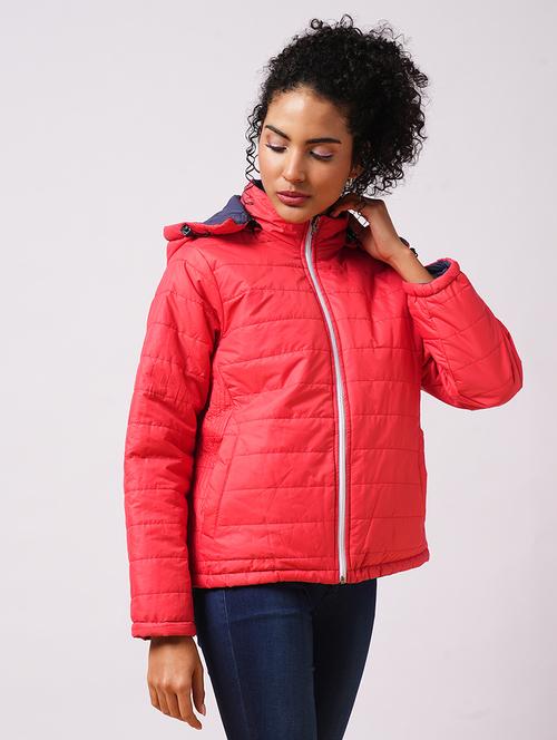 globus women red mock neck with attached hoodie zip closure reversible winter wear puffer jacket - 21579948 - Standard Image - 0