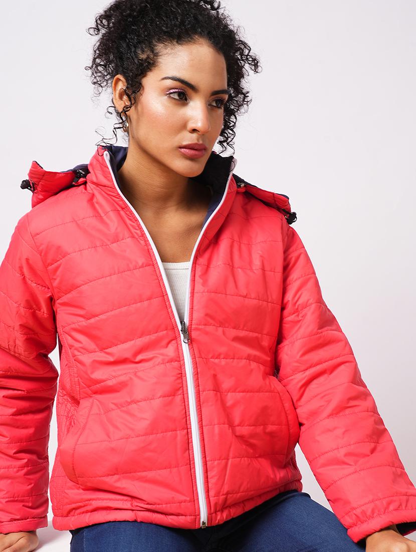 globus women red mock neck with attached hoodie zip closure reversible winter wear puffer jacket - 21579948 - Standard Image - 2