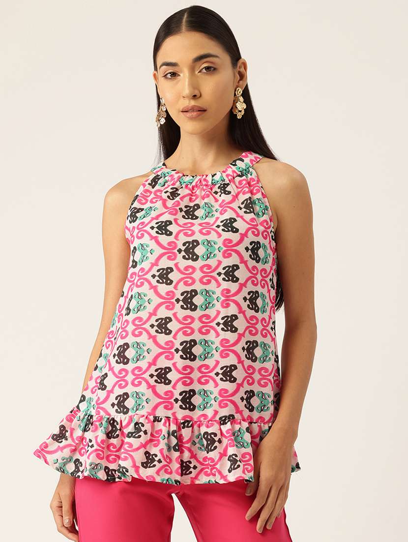women printed halter neck tiered top