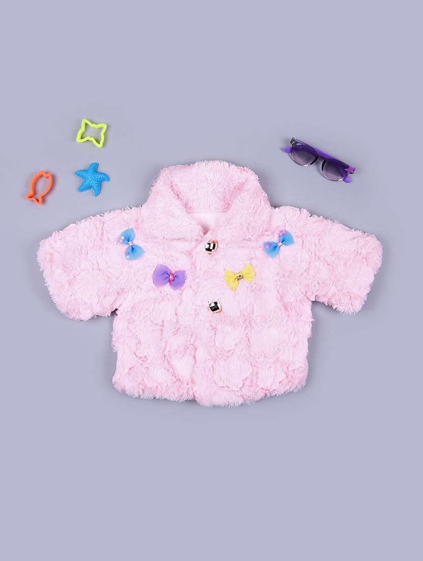 girls pink solid long sleeve coat