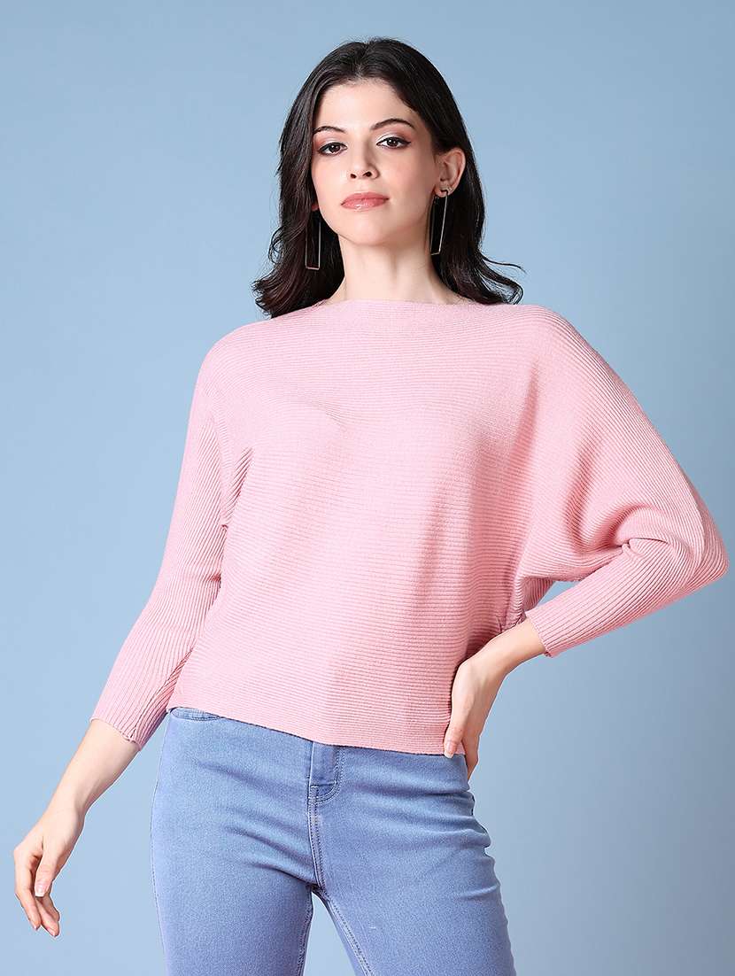 women pink solid long sleeve pullover