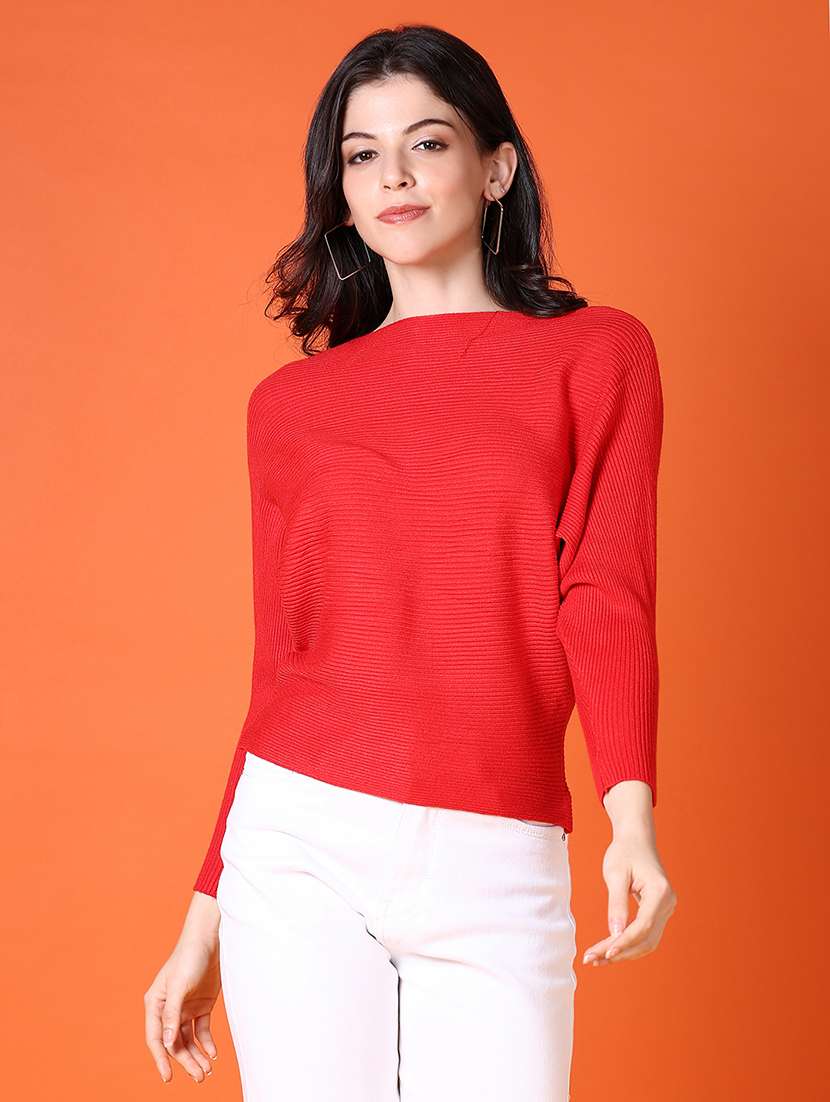 women red solid long sleeve pullover