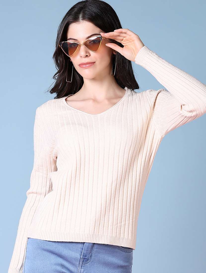 women off-white solid long sleeve pullover - 21580306 -  Standard Image - 2