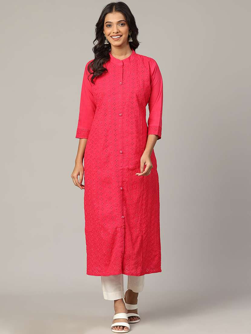 women pink three quarter sleeve straight kurta