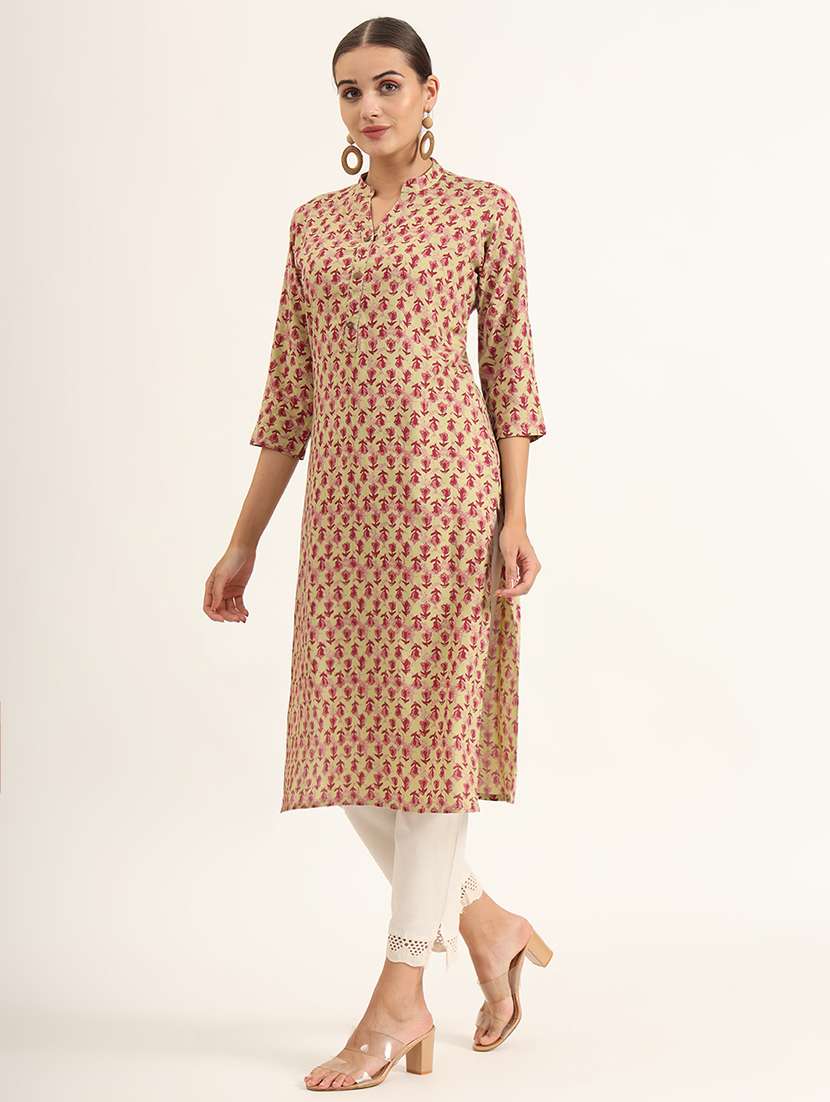 women floral three quarter sleeve straight kurta - 21580806 -  Standard Image - 2