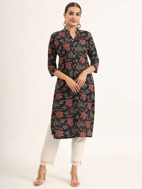 women floral three quarter sleeve straight kurta - 21580807 -  Standard Image - 0