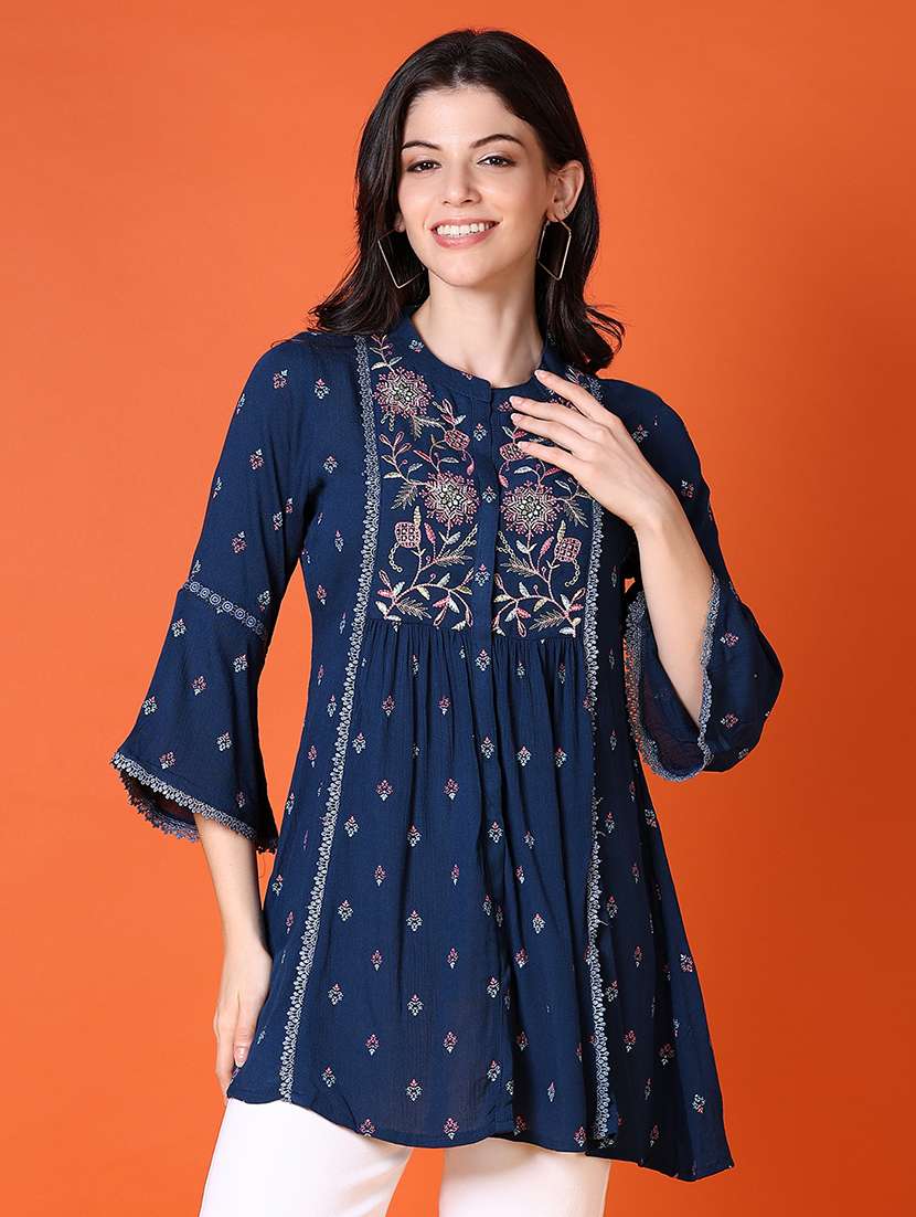 women blue bell sleeve flared tunic