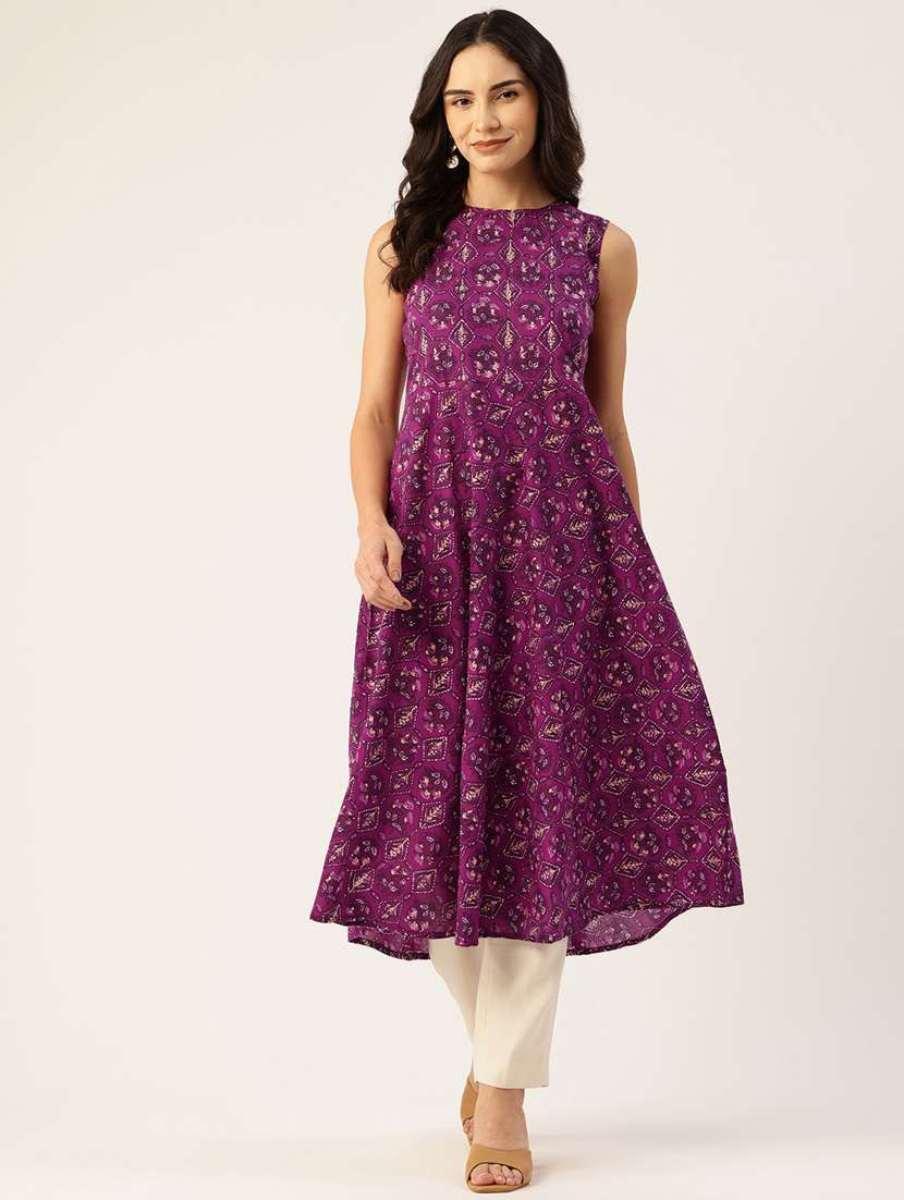 women printed sleeveless flared kurta
