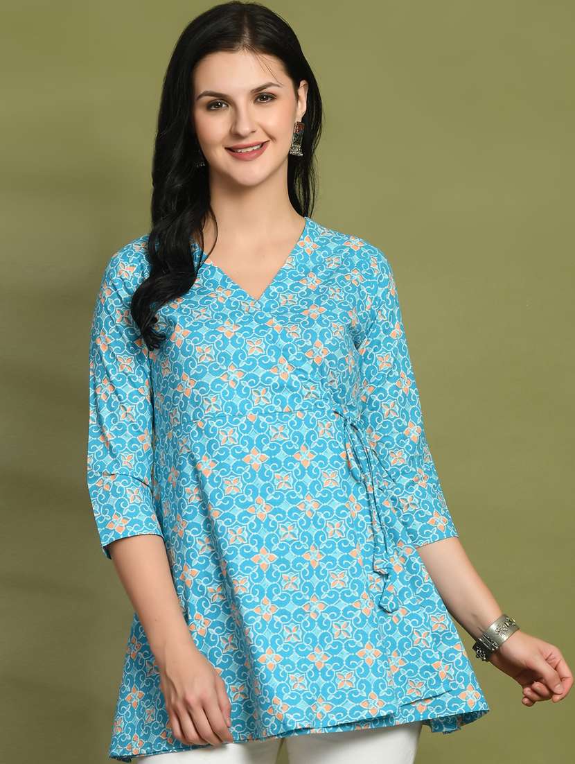 women printed three quarter sleeve angrakha kurti