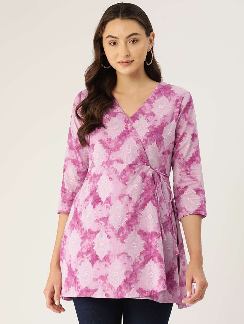 women printed three quarter sleeve angrakha kurti