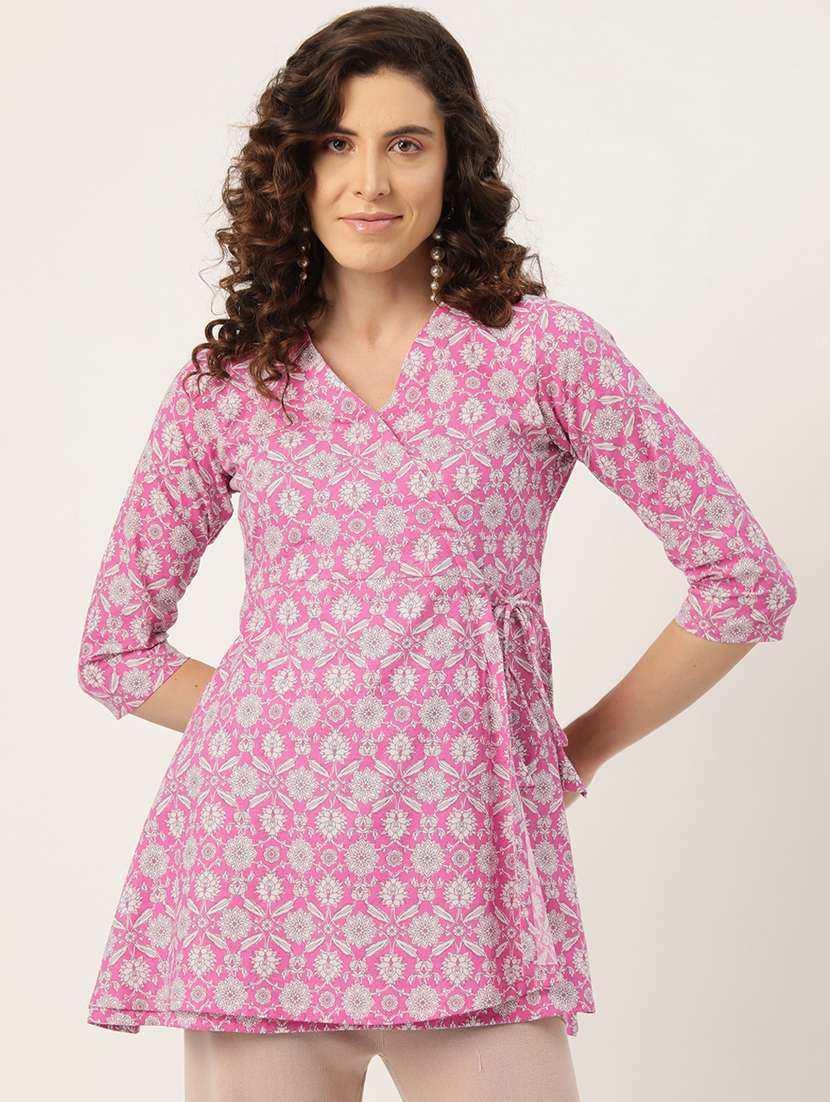 women printed three quarter sleeve angrakha kurti
