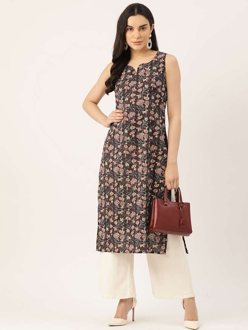 women printed sleeveless straight kurta