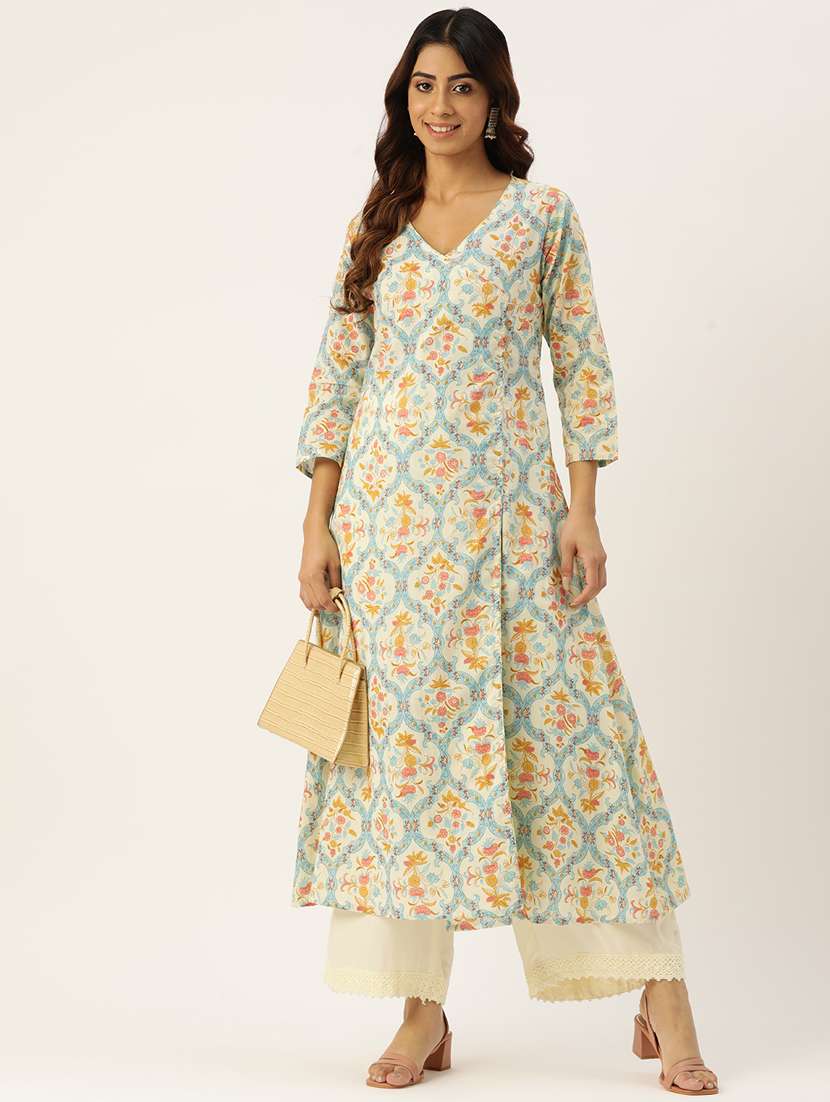 women printed three quarter sleeves angrakha kurta