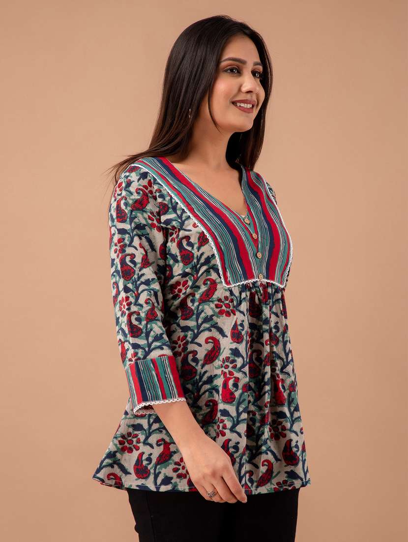 women three quarter sleeve a-line kurti - 21581274 -  Standard Image - 2