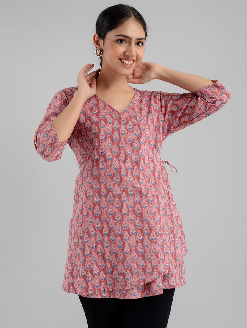 women three quarter sleeve angrakha kurti - 21581323 - Standard Image - 2