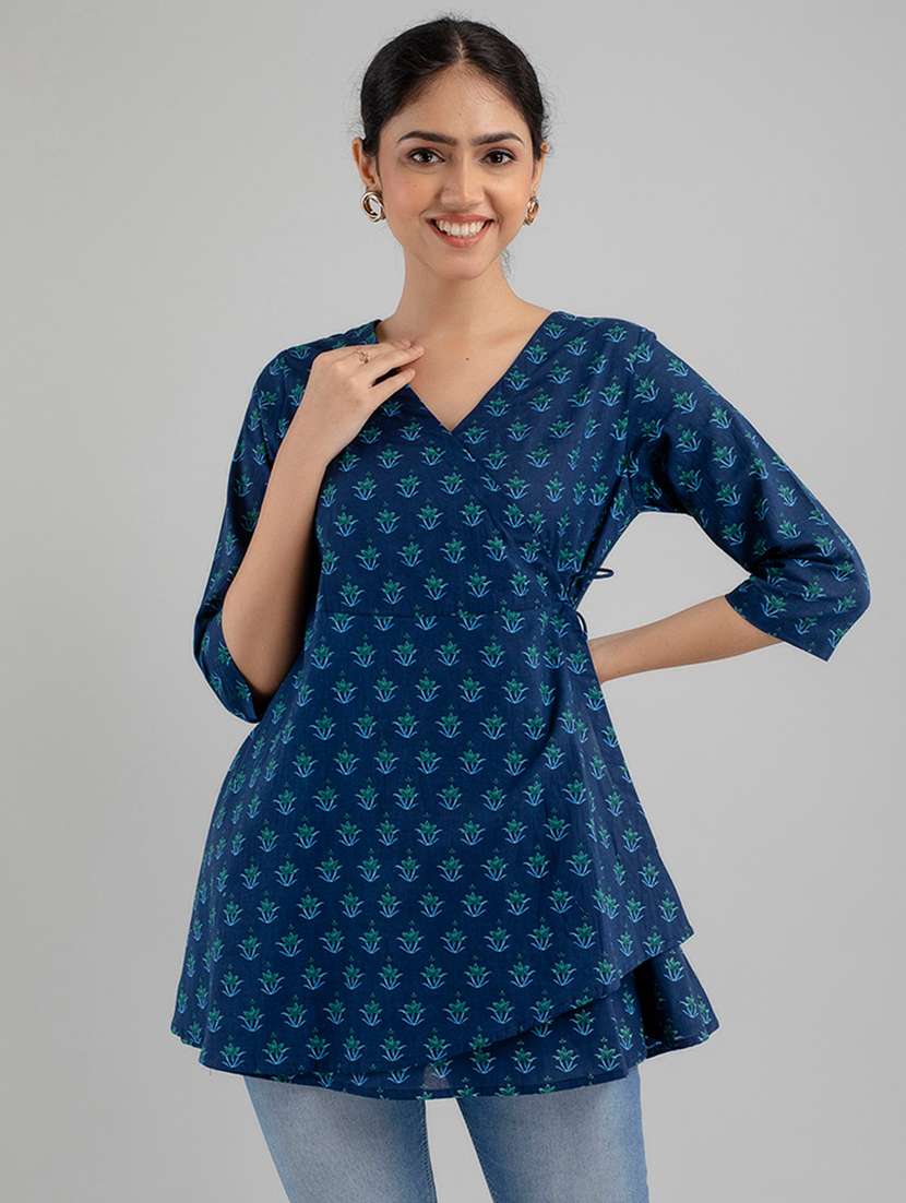 women printed three quarter sleeve angrakha kurti