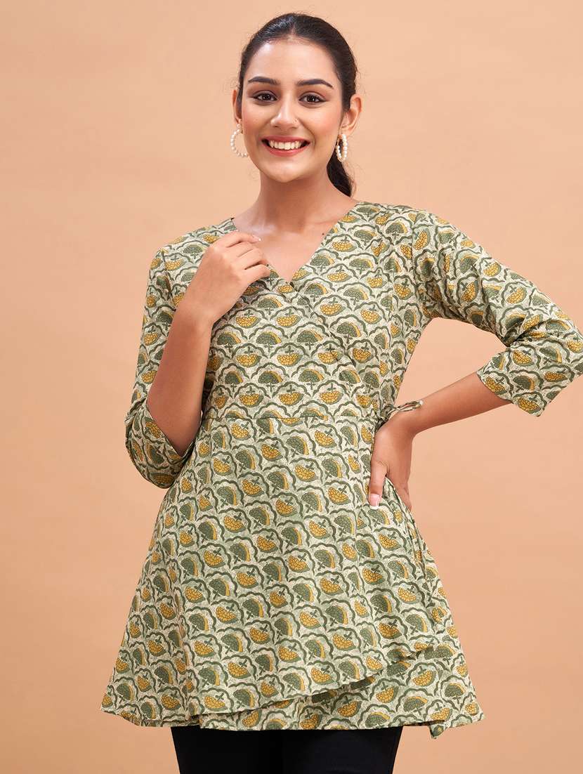 women three quarter sleeve angrakha kurti