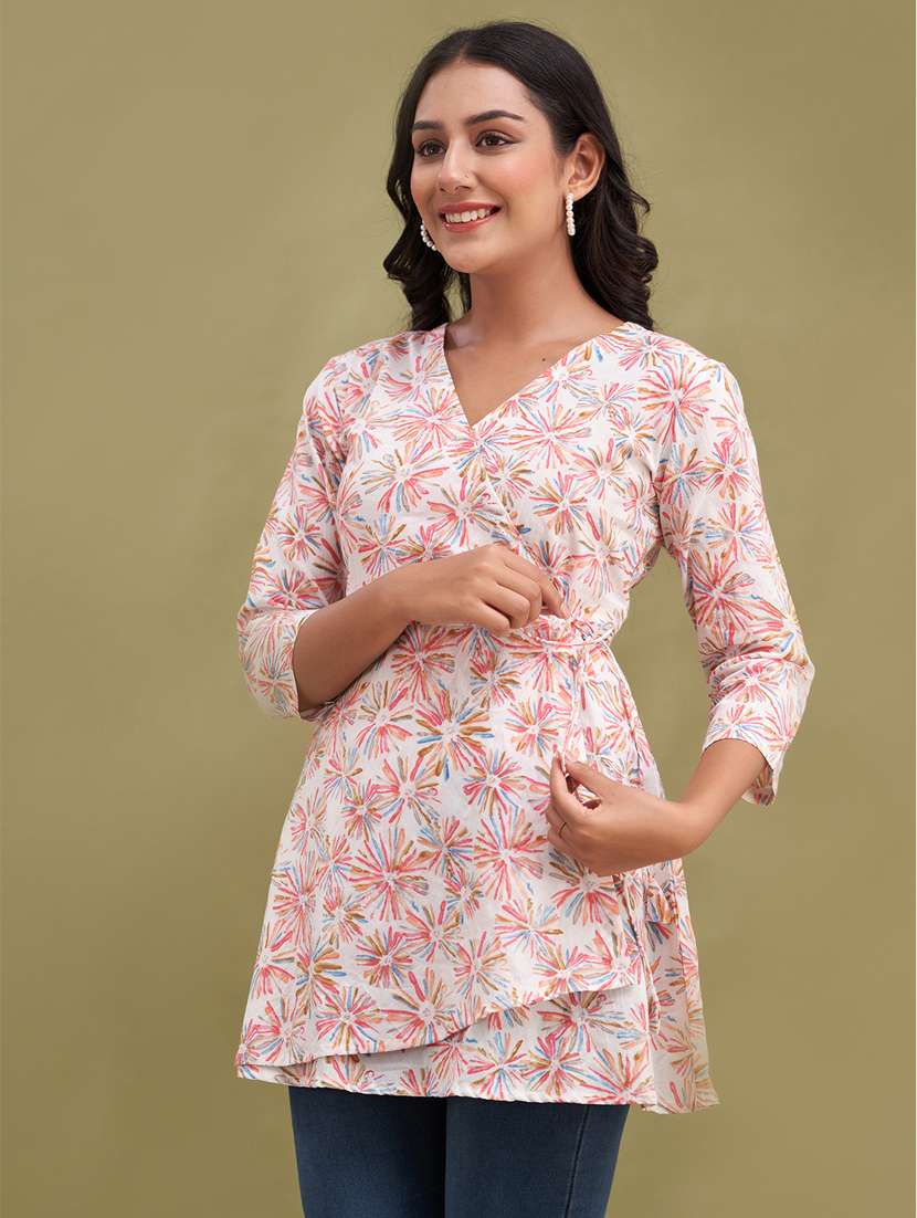 women printed three quarter sleeve angrakha kurti