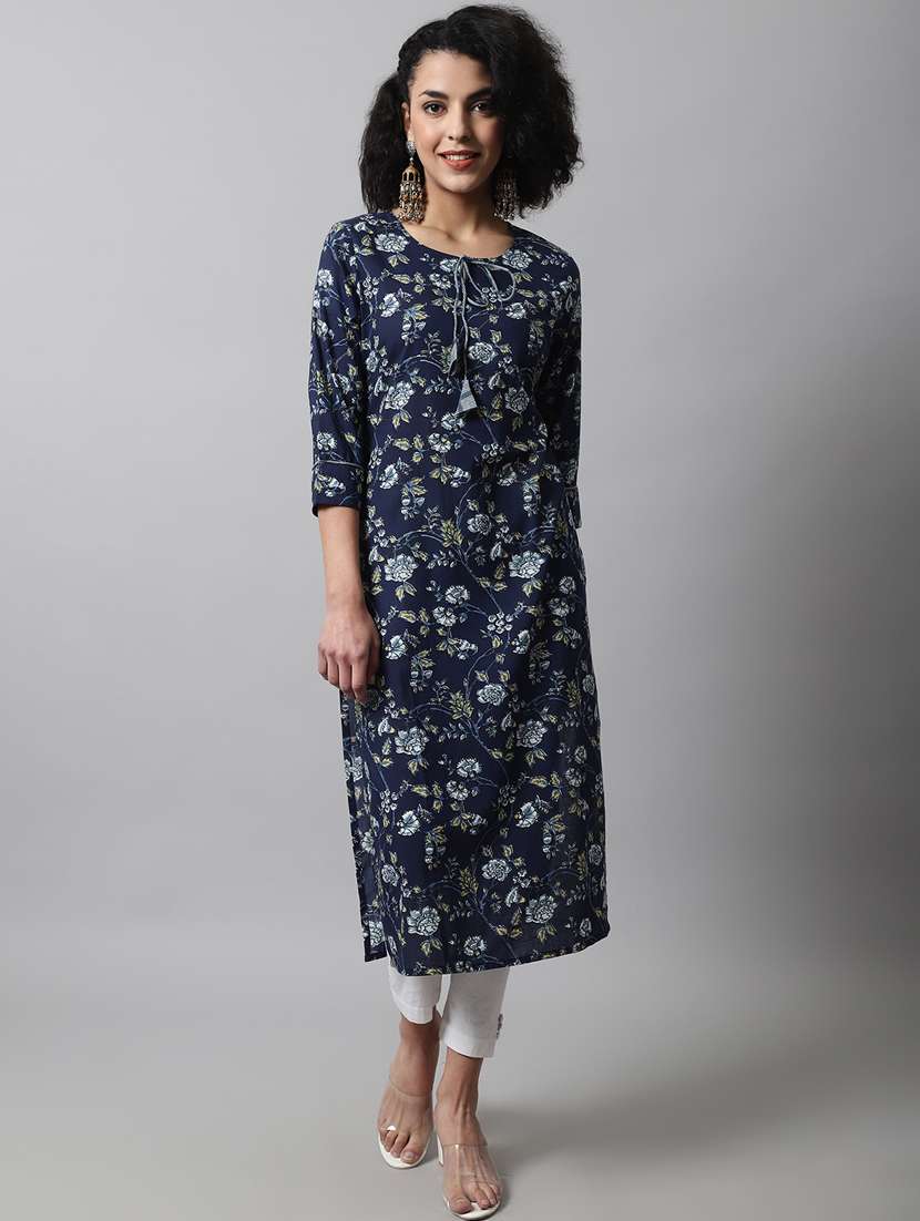 women floral printed three quarter sleeves straight kurta