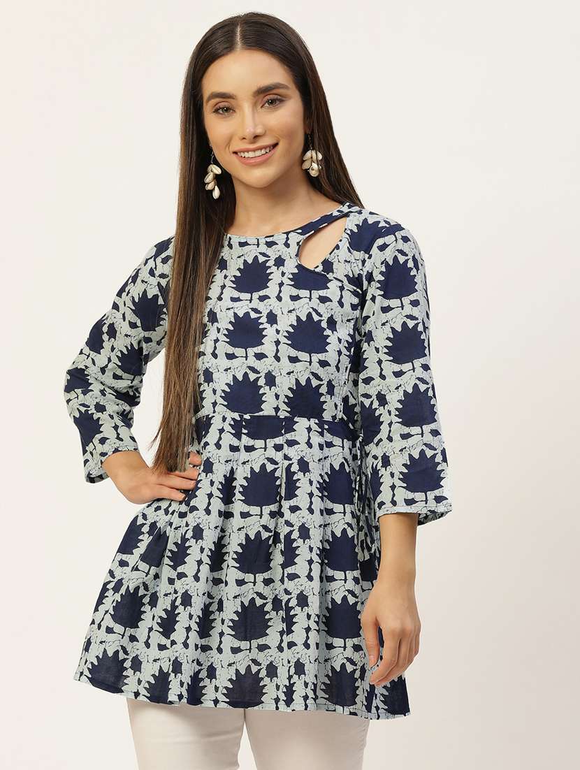 women printed three quarter sleeve short kurti