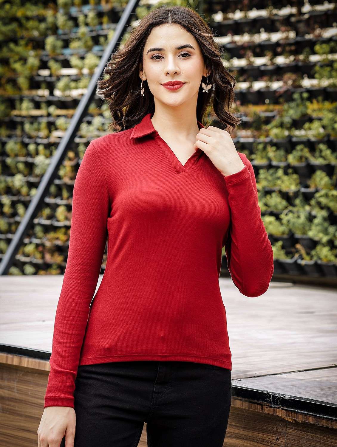 women solid long sleeves regular fit polo t-shirt