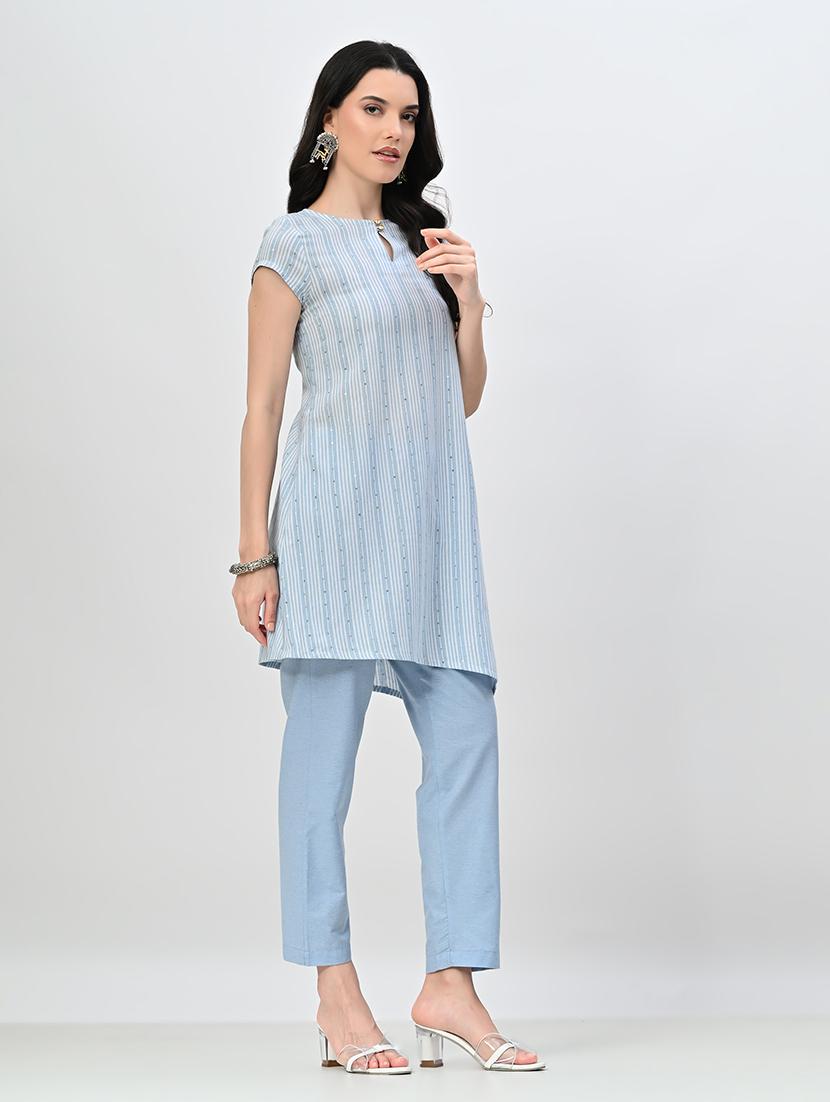 women stripes key hole neck kurta pant set - 21582193 - Standard Image - 2