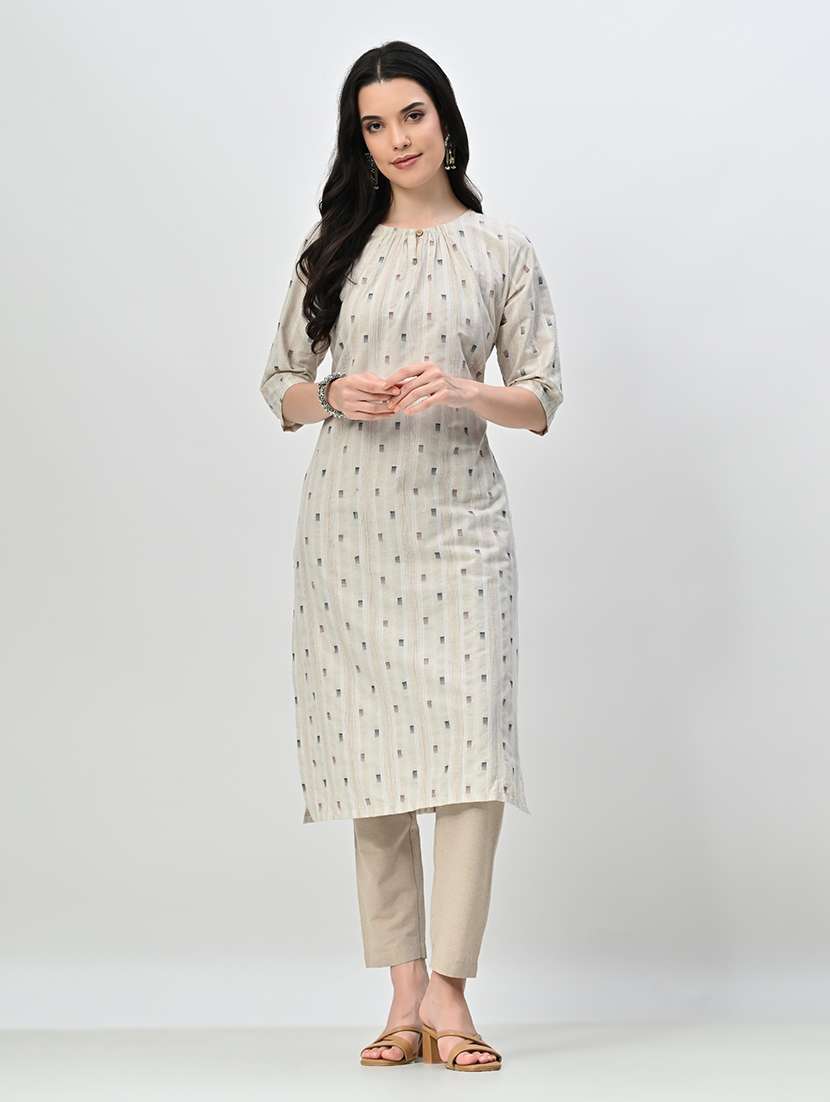 women beige self design kurta pant set