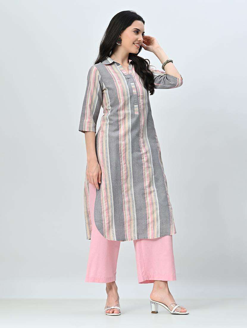 women stripes shirt collar kurta palazzo set - 21582201 -  Standard Image - 2