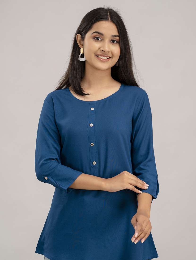 women solid three quarter sleeves a-line top - 21582236 -  Standard Image - 2