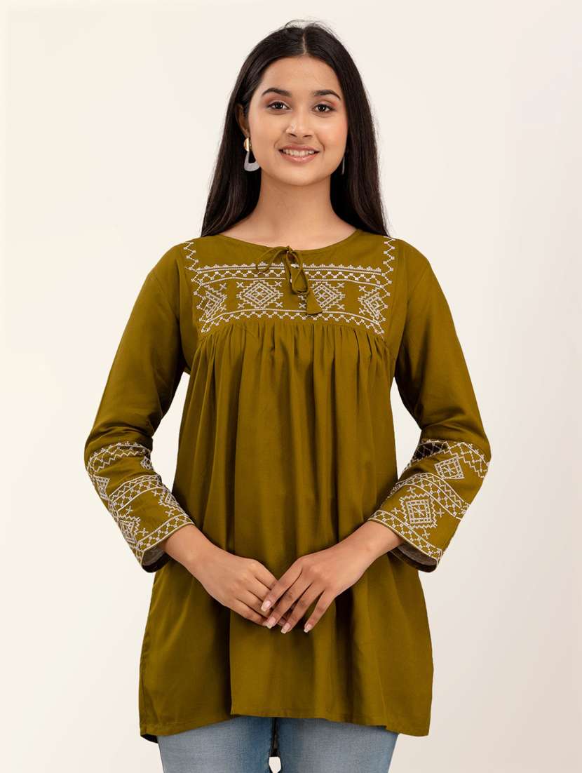 women tie-up neck embroidered regular top