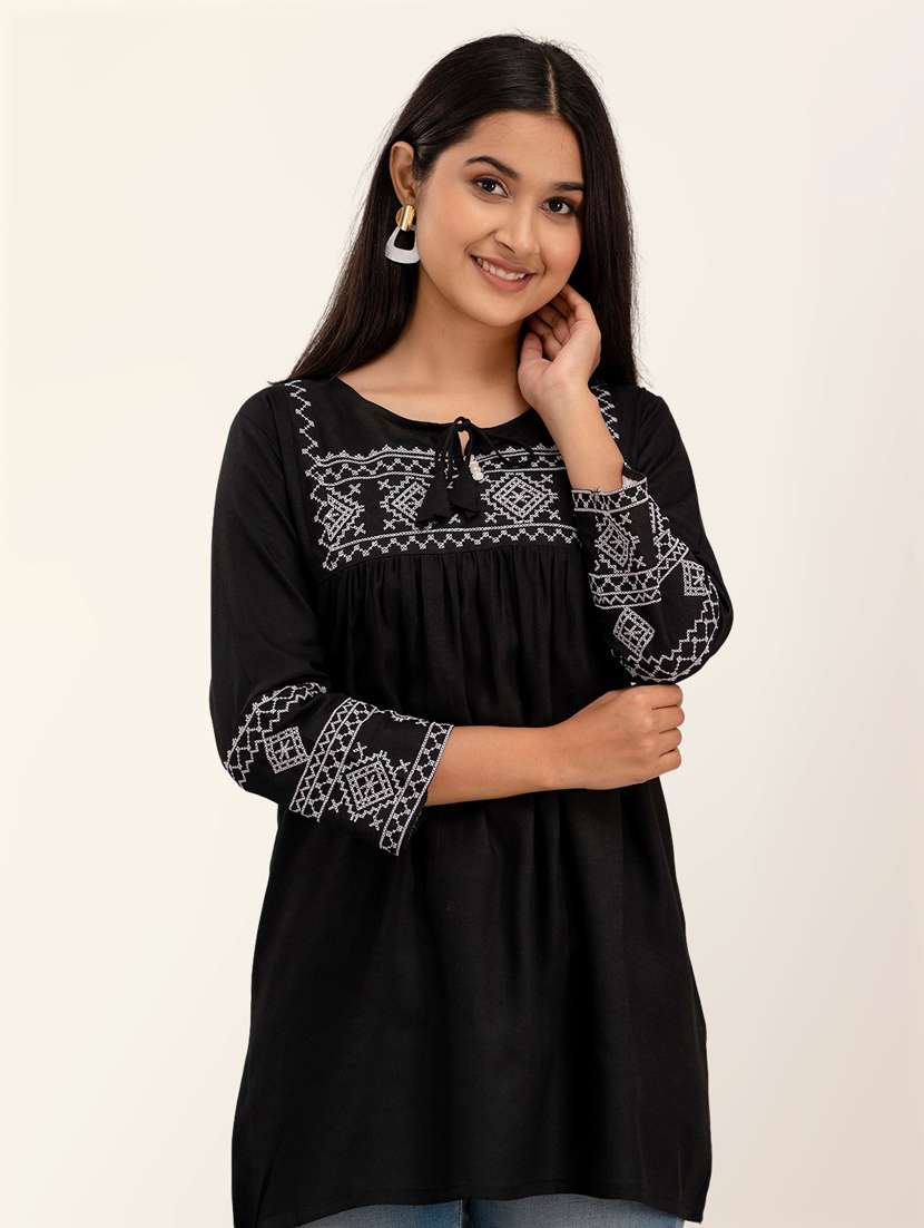 women tie-up neck embroidered regular top