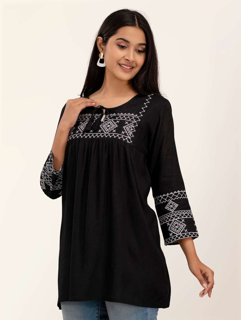women tie-up neck embroidered regular top - 21582244 -  Standard Image - 2