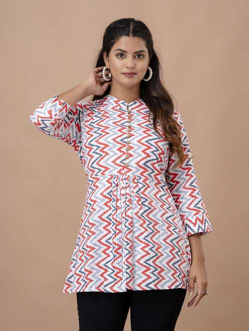 women three quarter sleeve printed a-line top - 21582245 -  Standard Image - 0