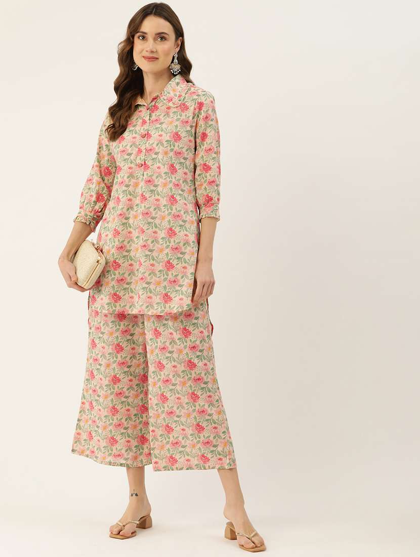 women peach floral printed top and palazzo co-ord set