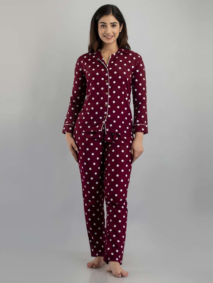 women lapel collar polka dot printed nightwear set - 21582339 -  Standard Image - 2
