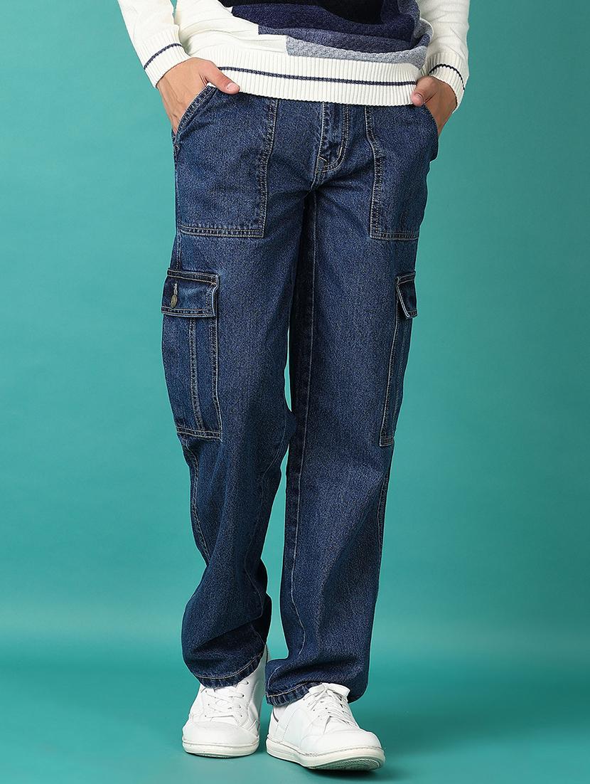 men blue solid denim cargo - 21583015 - Standard Image - 2