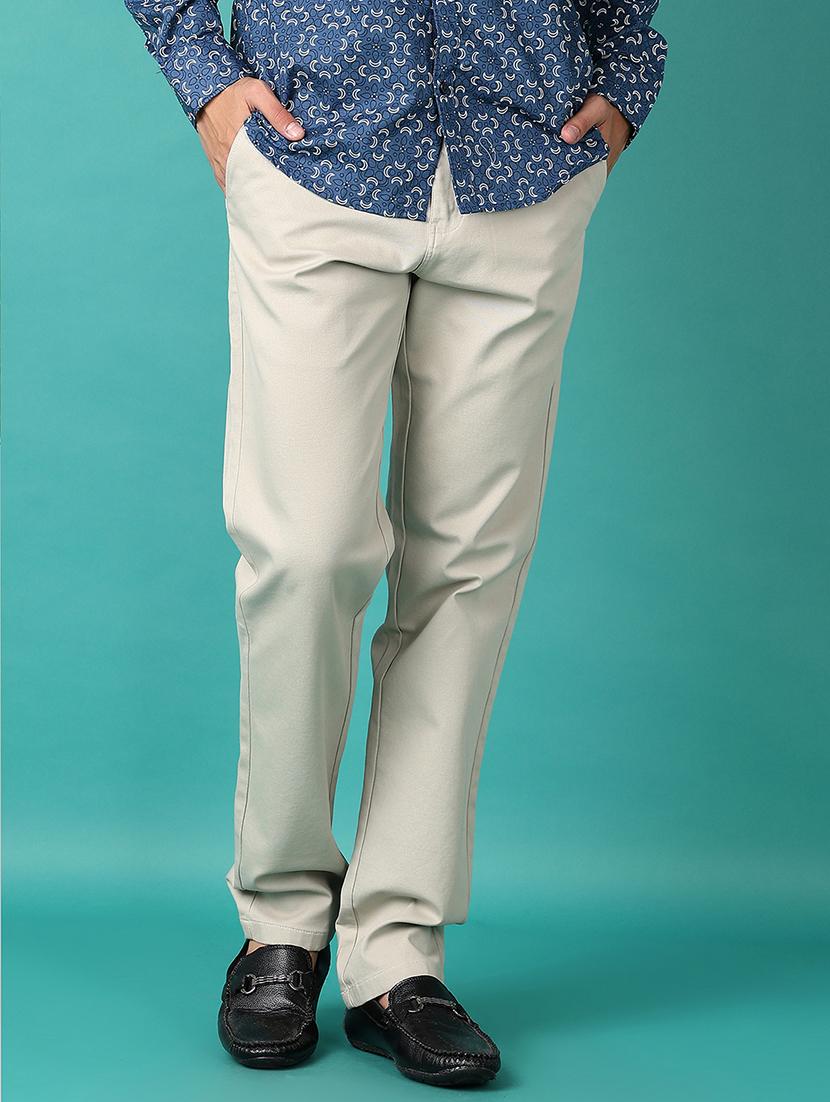 men cream solid chinos casual trouser